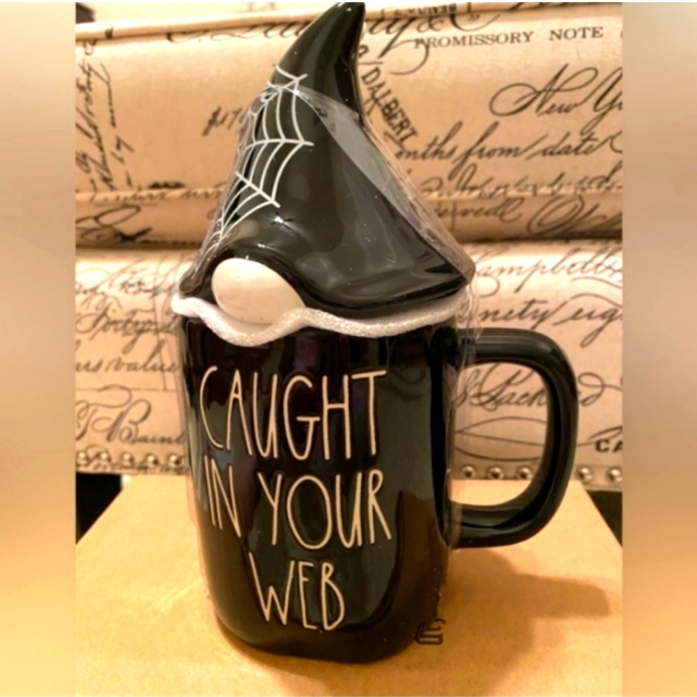 Rae Dunn caught in your web mug and topper gnome